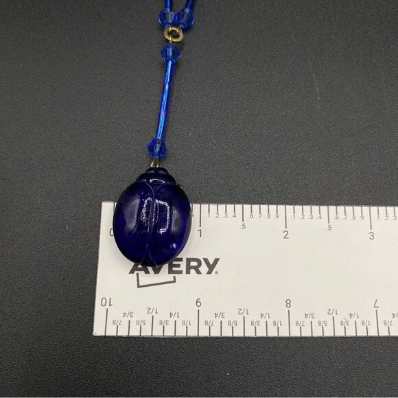 Vintage Cobalt Blue Czech Glass Scarab Pendant Necklace - Picture 4 of 14
